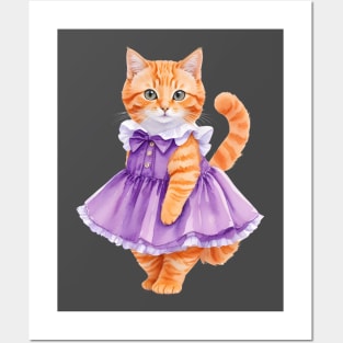 Watercolor orange cat wearing purple dress Posters and Art